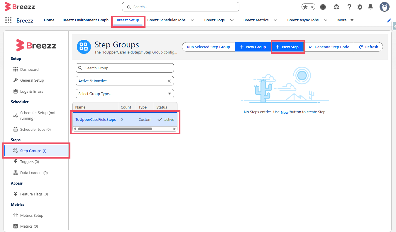 Step configuration window and type dropdown